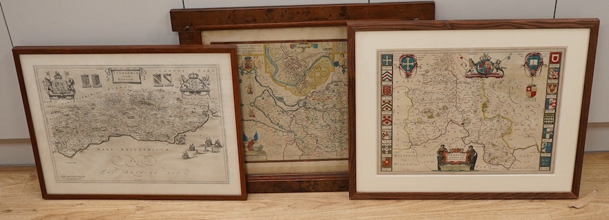 John Speed (1552-1629), hand coloured engraved map of Chester, sold by Thomas Basset and Richard Chiswell, together with two other antique maps of Oxfordshire and Sussex, 39 x 50cm
